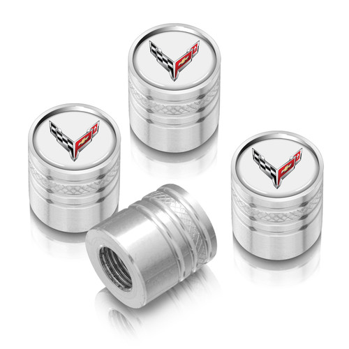 Chevrolet Corvette C8 Logo in White on Shining Silver Aluminum Cylinder-Style Tire Valve Stem Caps Chevrolet Corvette C8 Logo in White on Shining Silver Aluminum Cylinder-Style Tire Valve Stem Caps