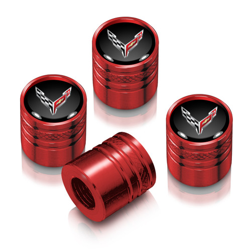 Chevrolet Corvette C8 Logo in Black on Red Aluminum Cylinder-Style Tire Valve Stem Caps