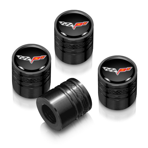 Chevrolet Corvette C6 Logo in Black on Black Aluminum Cylinder-Style Tire Valve Stem Caps Chevrolet Corvette C6 Logo in Black on Black Aluminum Cylinder-Style Tire Valve Stem Caps