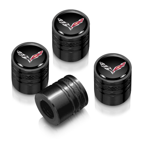 Chevrolet Corvette C7 Logo in Black on Black Aluminum Cylinder-Style Tire Valve Stem Caps Chevrolet Corvette C7 Logo in Black on Black Aluminum Cylinder-Style Tire Valve Stem Caps