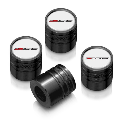 Chevrolet Corvette C7 Z06 Logo in White on Black Aluminum Cylinder-Style Tire Valve Stem Caps Chevrolet Corvette C7 Z06 Logo in White on Black Aluminum Cylinder-Style Tire Valve Stem Caps