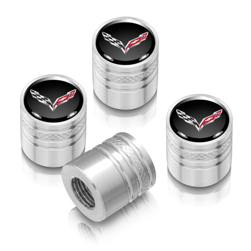 Chevrolet Corvette C7 Logo in Black on Shining Silver Aluminum Cylinder-Style Tire Valve Stem Caps Chevrolet Corvette C7 Logo in Black on Shining Silver Aluminum Cylinder-Style Tire Valve Stem Caps