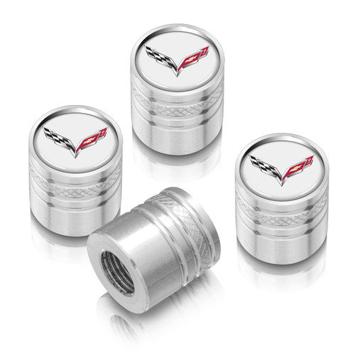 Chevrolet Corvette C7 Logo in White on Shining Silver Aluminum Cylinder-Style Tire Valve Stem Caps Chevrolet Corvette C7 Logo in White on Shining Silver Aluminum Cylinder-Style Tire Valve Stem Caps