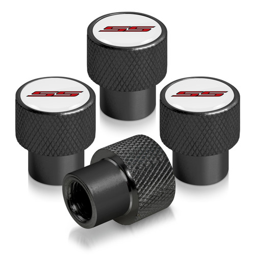 Chevrolet Camaro SS Logo in White on Black Aluminum Tire Valve Stem Caps