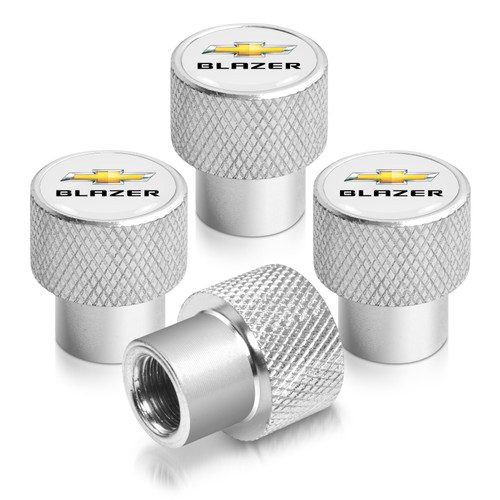 Chevrolet Blazer Logo in White on Shining Silver Aluminum Tire Valve Stem Caps