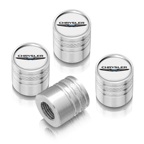 Chrysler Logo White on Silver Aluminum Cylinder-Style Tire Valve Stem Caps