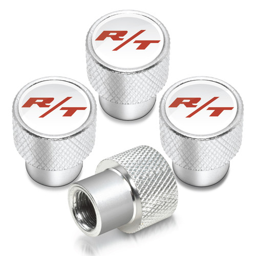 Dodge R/T Logo in White on Shining Silver Aluminum Tire Valve Stem Caps