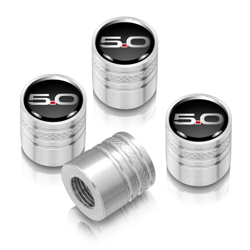 Ford Mustang 5.0 Black on Silver Aluminum Cylinder-Style Tire Valve Stem Caps