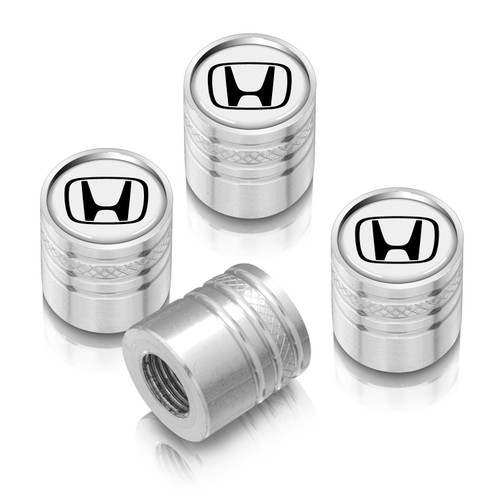 Honda Logo White on Silver Aluminum Cylinder-Style Tire Valve Stem Caps