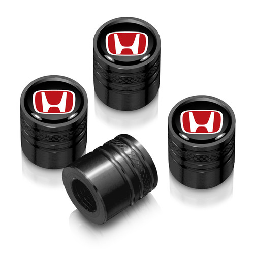 Honda Red Logo in Black on Black Aluminum Cylinder-Style Tire Valve Stem Caps