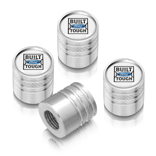 Built-Ford-Tough White on Silver Aluminum Cylinder-Style Tire Valve Stem Caps
