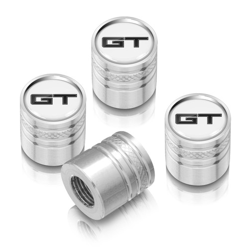 Ford Mustang GT White on Silver Aluminum Cylinder-Style Tire Valve Stem Caps