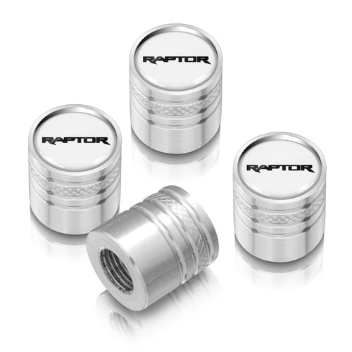 Ford F-150 Raptor White on Silver Aluminum Cylinder-Style Tire Valve Stem Caps