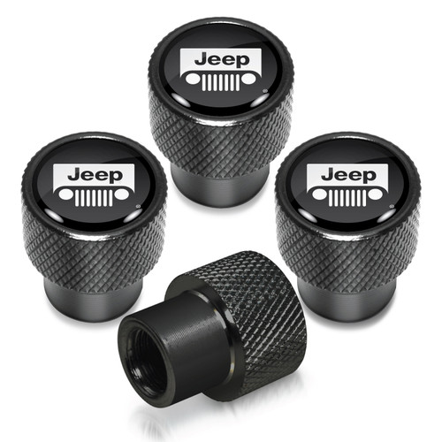 Jeep Grill in Black on Black Aluminum Tire Valve Stem Caps