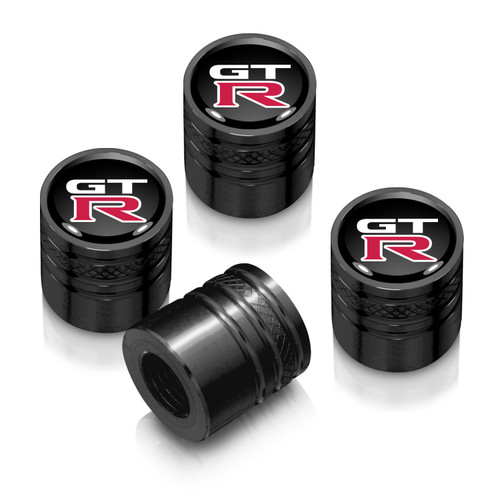 Nissan GT-R in Black on Black Aluminum Cylinder-Style Tire Valve Stem Caps