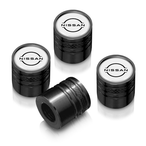 Nissan New Logo in White on Black Aluminum Cylinder-Style Tire Valve Stem Caps
