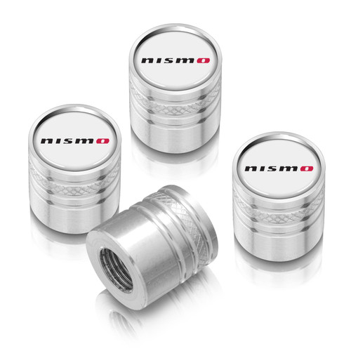 Nissan NISMO White on Silver Aluminum Cylinder-Style Tire Valve Stem Caps