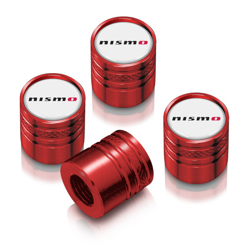 Nissan NISMO in White on Red Aluminum Cylinder-Style Tire Valve Stem Caps