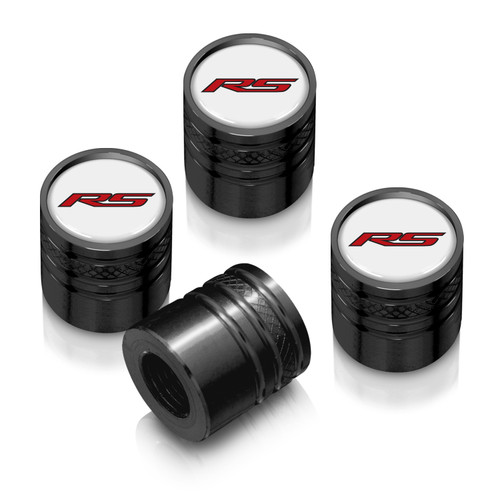 Chevrolet Camaro RS Logo in White on Black Aluminum Cylinder-Style Tire Valve Stem Caps