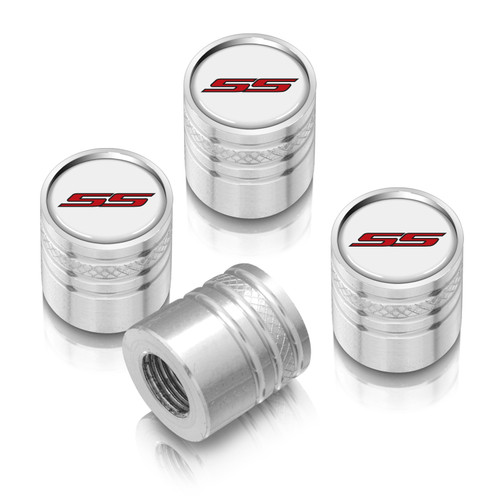 Chevrolet Camaro SS Logo in White on Shining Silver Aluminum Cylinder-Style Tire Valve Stem Caps Chevrolet Camaro SS Logo in White on Shining Silver Aluminum Cylinder-Style Tire Valve Stem Caps