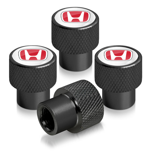 Honda Red Logo in White on Black Aluminum Tire Valve Stem Caps