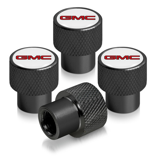 GMC Red Logo in White on Black Aluminum Tire Valve Stem Caps