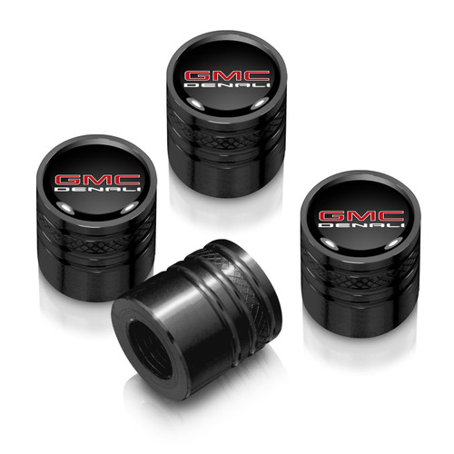 GMC Denali Nameplate in Black on Black Aluminum Cylinder-Style Tire Valve Stem Caps
