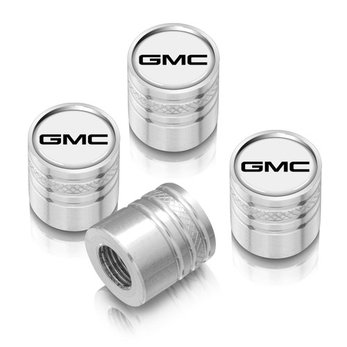 GMC Logo in White on Shining Silver Aluminum Cylinder-Style Tire Valve Stem Caps