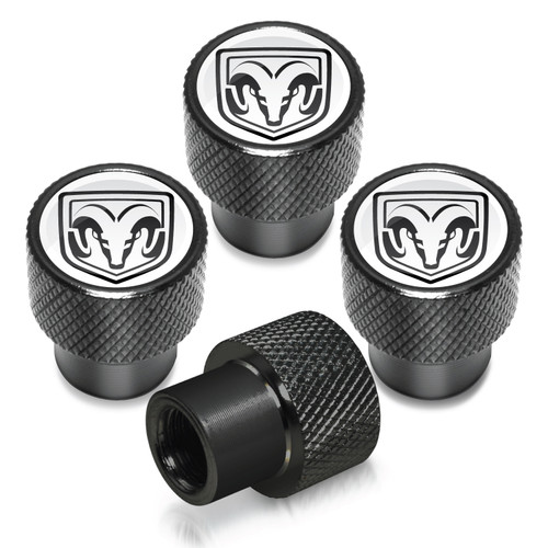 RAM in White on Black Aluminum Tire Valve Stem Caps
