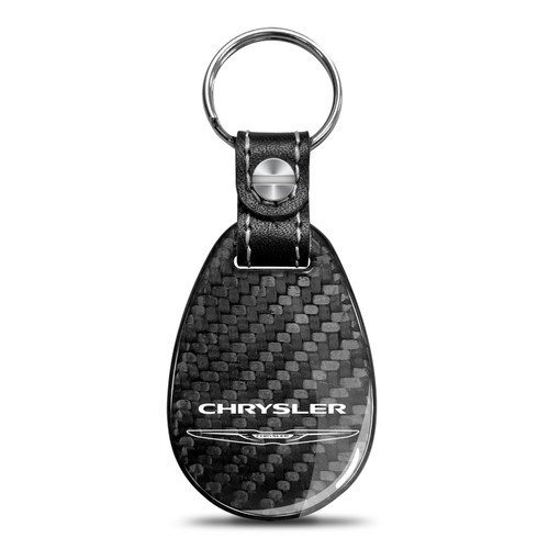 Chrysler Logo Real Black Carbon Fiber with Leather Strap Large Tear Drop Key Chain