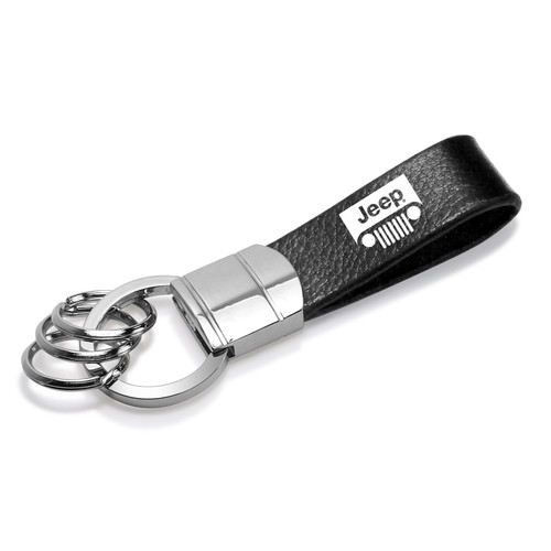 Jeep Grill Black Real Leather Strap Chrome Round Hook Metal Key Chain