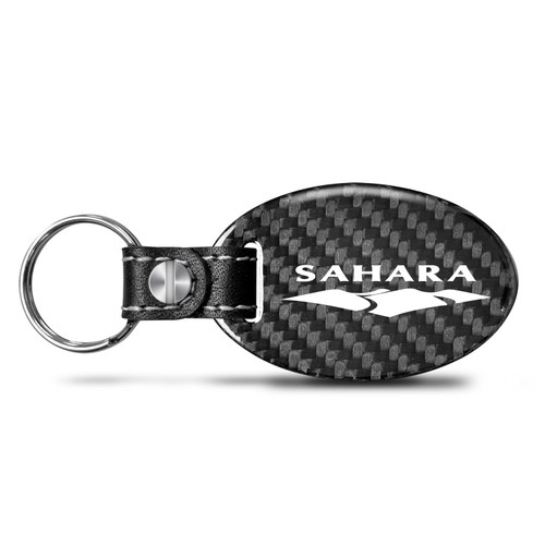Jeep Wrangler Sahara Real Carbon Fiber Oval Shape Black Leather Strap Key Chain