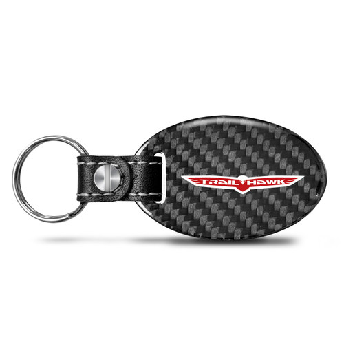 Jeep Trailhawk Real Carbon Fiber Large Oval Shape Black Leather Strap Key Chain