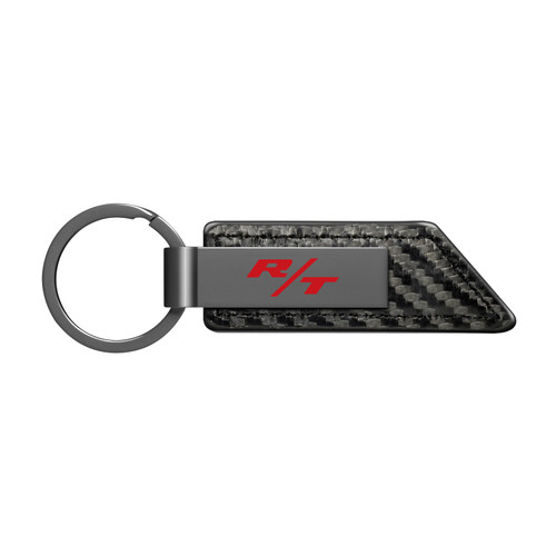 Dodge R/T Logo Gunmetal Black Gray Metal Plate Carbon Fiber Texture Leather Key Chain
