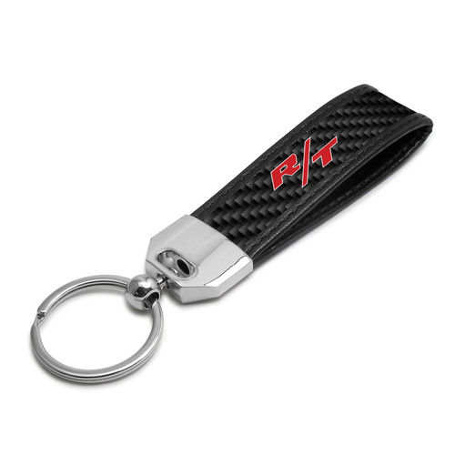 Dodge R/T Logo in Red Real Carbon Fiber Leather Strap Key Chain with Black stitching