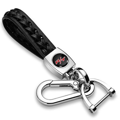 Dodge R/T Logo in Black Braided Rope Style Genuine Leather Chrome Hook Key Chain