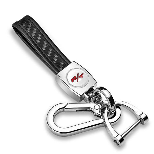 Dodge R/T Logo in White Real Black Carbon Fiber Loop-Strap Chrome Hook Key Chain