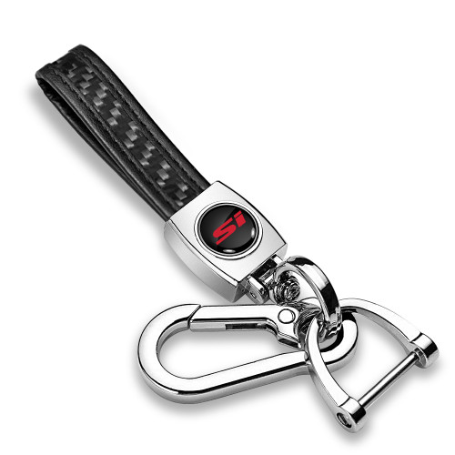 Honda Civic Si Red Logo in Black Real Carbon Fiber Strap Chrome Hook Key Chain