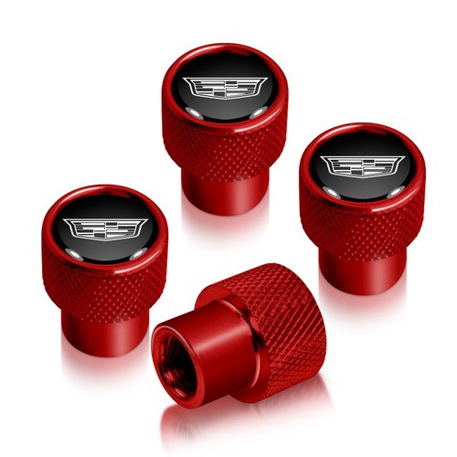 Cadillac Crest Logo in Black on Red Aluminum Tire Valve Stem Caps
