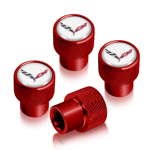 Chevrolet Corvette C7 Logo in White on Red Aluminum Tire Valve Stem Caps Chevrolet Corvette C7 Logo in White on Red Aluminum Tire Valve Stem Caps