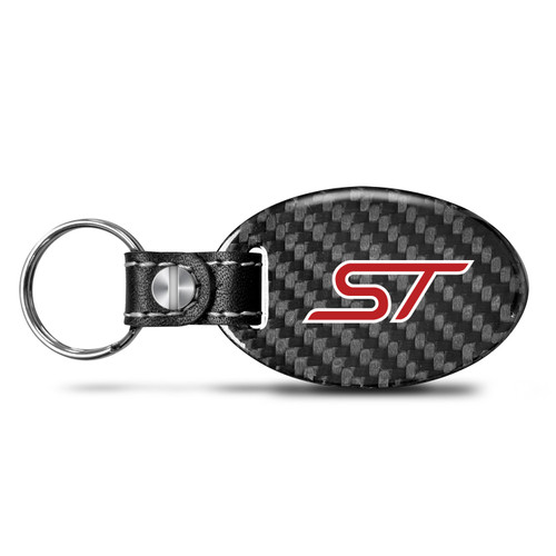 Ford Focus ST Real Carbon Fiber Large Oval Shape Black Leather Strap Key Chain