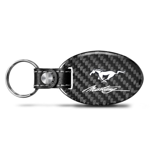Ford Mustang Script Real Carbon Fiber Oval Shape Black Leather Strap Key Chain
