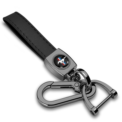 Ford Mustang Tri-Bar Logo in Black on Black Leather Loop-Strap Dark Gunmetal Hook Key Chain