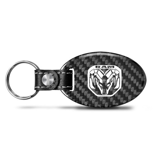 RAM 2019 Logo Real Carbon Fiber Large Oval Shape Black Leather Strap Key Chain