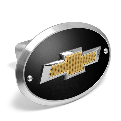 Chevrolet 3D Gold Logo on Black Plate Oval Brushed Silver Billet Aluminum 2-inch Tow Hitch Cover