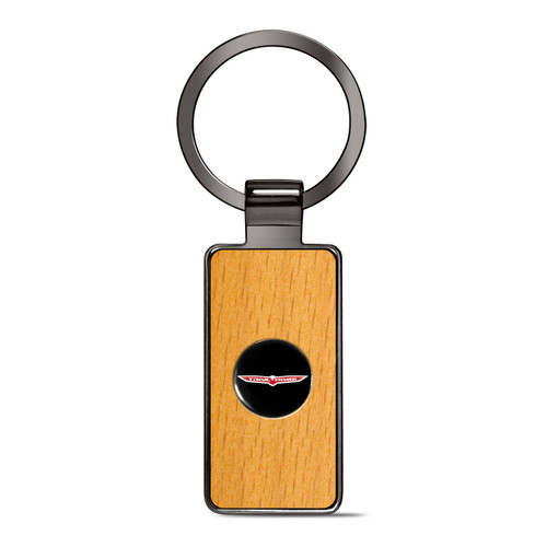 Jeep Trailhawk Roundel Logo in Black on Maple Wood Gray Gunmetal Metal Case Key Chain