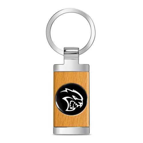 Dodge SRT Hellcat Roundel Logo in Black on Maple Wood Chrome Metal Trim Key Chain
