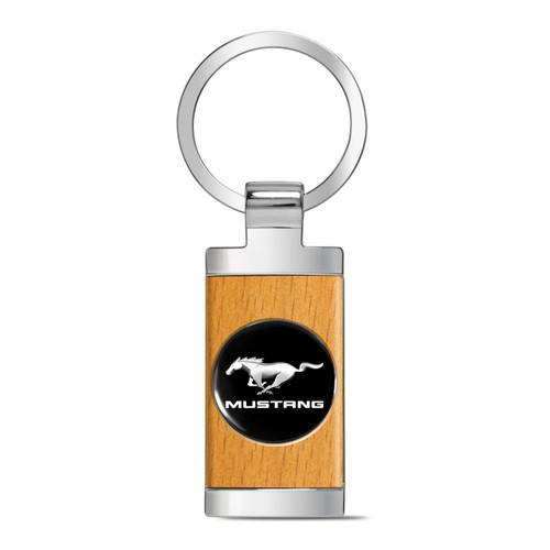 Ford Mustang Roundel Logo in Black on Maple Wood Chrome Metal Trim Key Chain