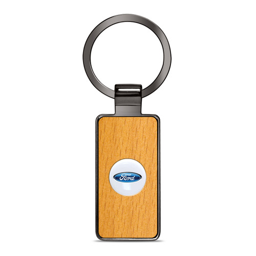 Ford Roundel Logo in White on Maple Wood Gray Gunmetal Metal Case Key Chain