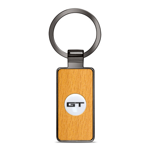 Ford Mustang GT Roundel Logo in White on Maple Wood Gray Gunmetal Metal Case Key Chain